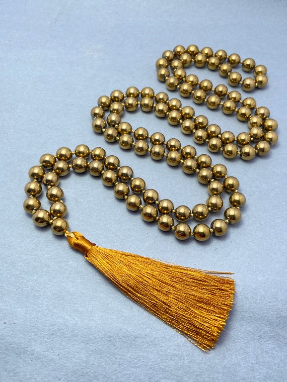 Gold Hematite Hand Knotted Mala, 108 Prayer Necklace, Tassel Necklace, Japa Mala, Buddhist Mala, Prayer Mala, Long Necklace, Chanting Mala