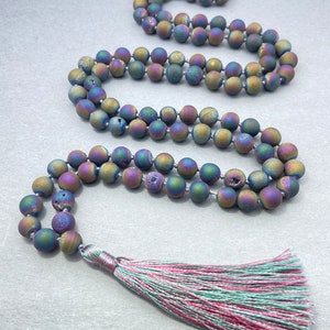 Rainbow Druzy Agate Mala Beads Necklace-108 Mala Prayer Knotted Necklace-Protection Balance Necklace-Healing Meditation Tassel Necklace Gift
