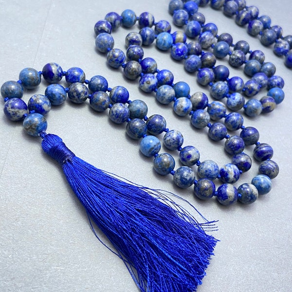 Lapis Lazuli Mala, Prayer Necklace, Tibetan Mala, Knotted Mala, Lapis Necklace, 8mm Bead Mala, 108 Bead Lapis Mala, Yoga, Mantra Mala