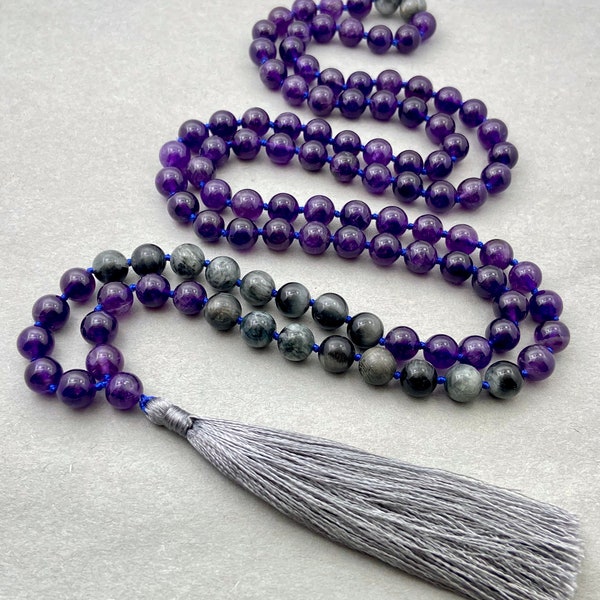 108 Beads Mala Necklace- Amethyst & Cat's Eye Grounding Healing Tassel Necklace-Spiritual Protection Meditation Mental Health Necklace