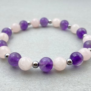Amethyst & Rose Quartz Bracelet - Beaded Healing Bracelet for Energy And Balance - Unique Gift for Her