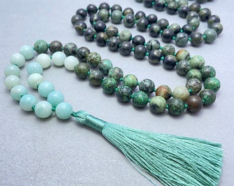 108 Beads Mala Necklace- Amazonite Grounding Healing Tassel Necklace-Spiritual Protection Meditation Balance Mental Health Gift Necklace