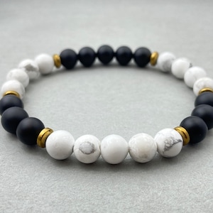 Onyx & Howlite Beaded Bracelet: Matte Black Gemstone