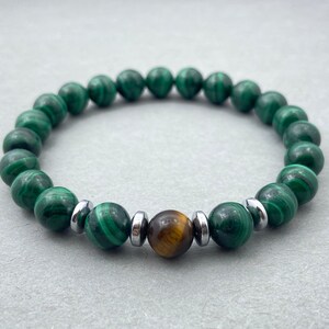Malachite & Yellow Tiger&#39;s Eye Bracelet: Beaded Boho Gemstone Jewelry