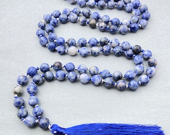 108 Beads Mala Necklace- Sodalite Grounding Healing Tassel Necklace-Spiritual Protection Meditation Balance Mental Health Gift Necklace