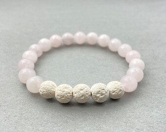 Rose Quartz & White Lava Bracelet | Natural Crystal 8mm Beaded Bracelet Stretch Bracelet For Meditation Healing Prayer Yoga Birthstone Gift