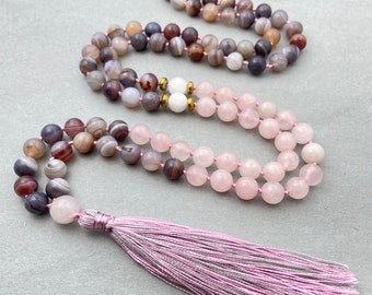 Botswana Agate,Selenite,Rose Quartz Hand Knotted Mala, 108 Prayer Necklace, Tassel Necklace, Japa Mala, Prayer Mala, Chanting Necklace