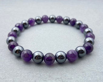 Amethyst & Hematite Bracelet, Beaded Bracelet, Gift for Her, Gemstone Bracelet, Healing Bracelet, Friendship Bracelet, 8mm Beads, Crystals