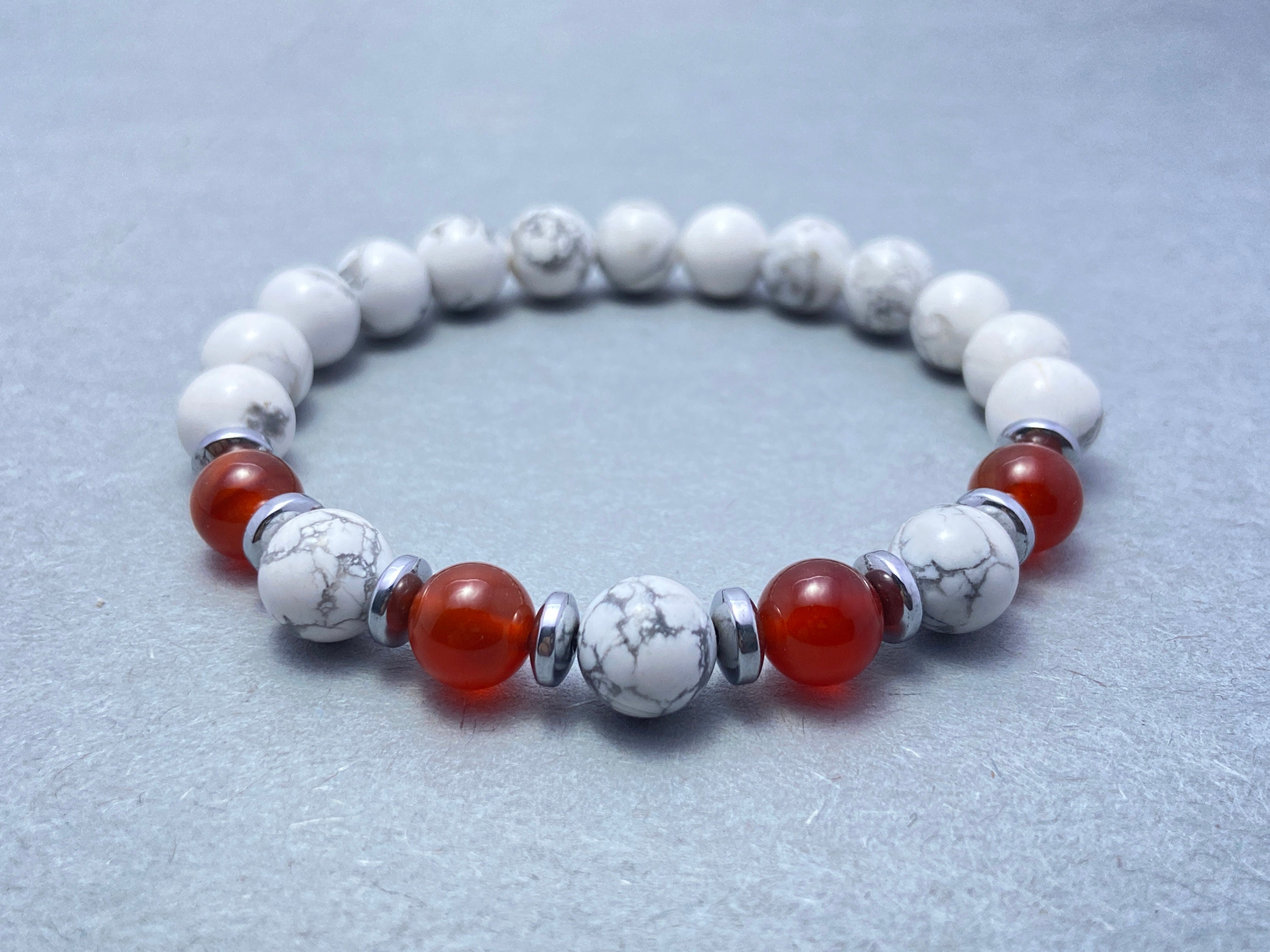 Howlite & Red Onyx Bracelet | Natural Crystal Beaded Bracelet 8mm