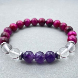 Amethyst, Crystal & Tiger&#39;s Eye Bracelet, Beaded Bracelet, Gift for Her, Gemstone Bracelet, Healing Bracelet, 8mm Beads, Friendship Bracelet