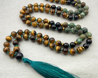 Handgeknüpfte Afrikanische Türkis Onyx & Tigerauge Mala 108 Gebetskette Quaste Halskette Japa Mala Buddhistische Mala Gebets Mala