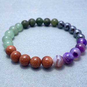 Gold Sandstone Bracelet, Aventurine & Hematite Beaded Bracelet for Men, Gift for Him, Purple Striped Agate Bridesmaid Bracelet