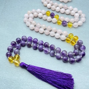 Amethyst, Citrine & Rose Quartz Mala Bead Necklace: Knotted Prayer Beads