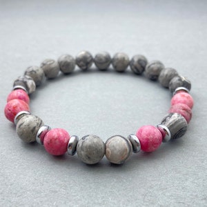 Bracelet en jaspe carte et agate rose, bracelet en perles de pierres précieuses pour femme, cadeau bijoux en pierre naturelle, accessoire bohème élégant