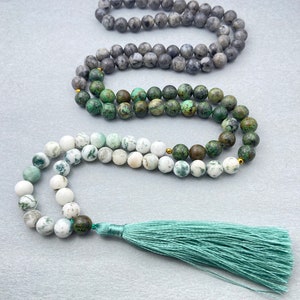 African Turquoise Larvikite & Agate 108 Beads Mala Necklace Buddhist Meditation Jewelry Gift