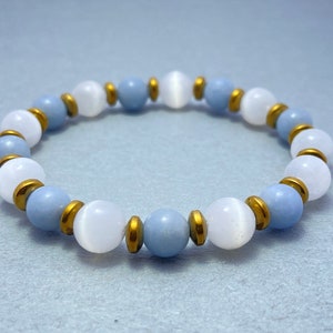 Selenite & Angelite Bracelet, Beaded Bracelet, Gift for Her, Gemstone Bracelet, Healing Bracelet, 8mm Beads, Friendship Bracelet, Crystals