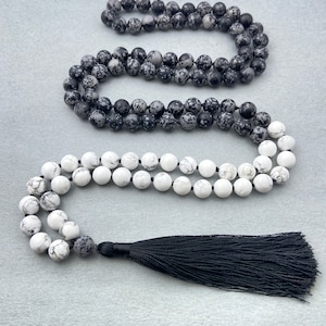 Howlite & Obsidian Mala Beads Necklace - 108 Meditation Prayer Beads, Bohemian Jewelry, Spiritual Gift, Natural Stone Accessory