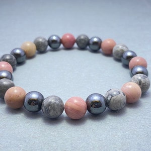 Hematite Bracelet - Rhodonite & Map Jasper Beaded Bracelet, Energy Healing Jewelry, Natural Gemstone Gift for Her