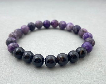 Lepidolith & Turmalin Armband, natürliche Kristalle, Geburtsstein, dehnbar Perlen Edelstein Schmuck, Meditation und ruhige Energie