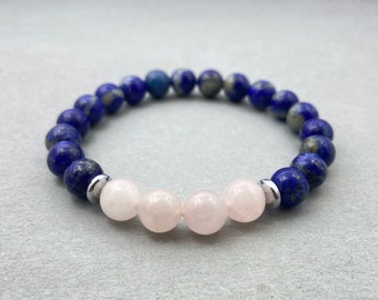 Pulsera de lapislázuli y cuarzo rosa / Pulsera elástica de cuentas de cristal natural de 8 mm para meditación, sanación, amistad y piedra de nacimiento