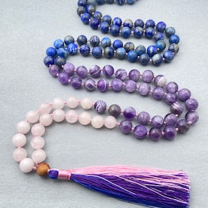 Amethyst, Rose Quartz & Lapis Mala Bead Necklace: Knotted Prayer Beads