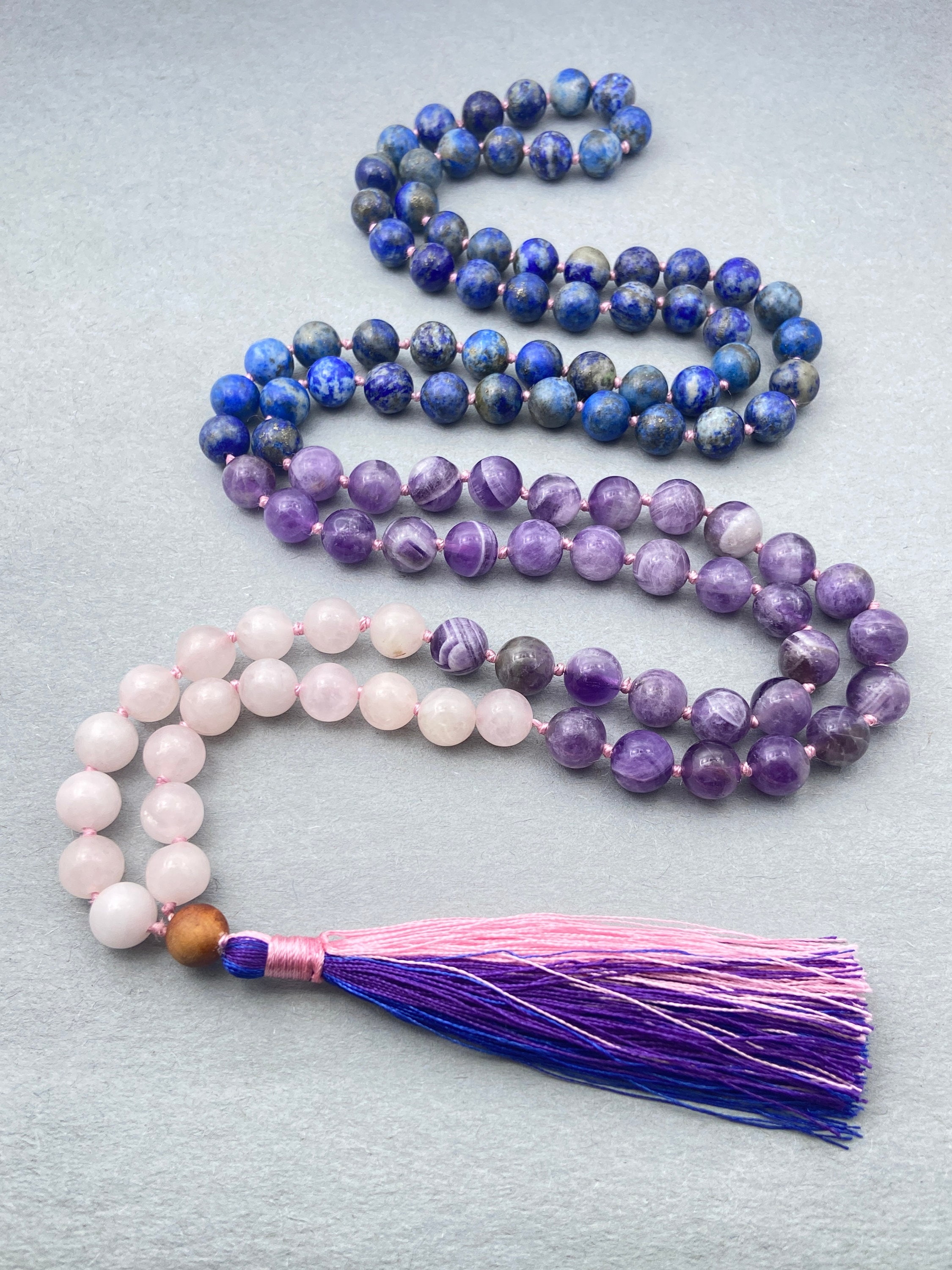 Amethyst, Rose Quartz & Lapis Mala Bead Necklace: Knotted Prayer Beads