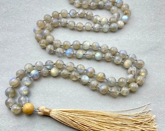 108 Beads Mala Necklace- Labradorite Grounding Healing Tassel Necklace-Spiritual Protection Meditation Balance Mental Health Gift Necklace