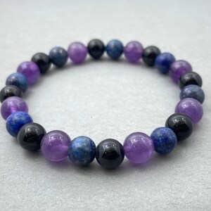 Amethyst, Onyx & Lapis Lazuli Beaded Bracelet – Handmade Gemstone Jewelry for Protection, Clarity And Inner Peace