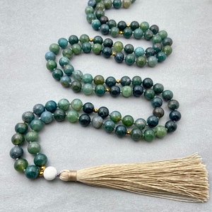 Moss Agate Mala Beads Necklace-108 Mala Prayer Knotted Necklace-Energy Protection Balance Necklace-Healing Meditation Tassel Necklace Gift
