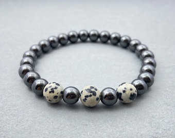 Dalmatian Jasper Hematite Bracelet, Beaded Bracelets 8mm, Natural Crystal, Healing Bracelet, Meditation Yoga Birthstone Friendship Bracelets