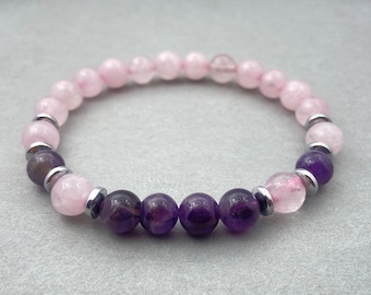Amethyst & Rose Quartz Bracelet, Natural Crystal, Beaded Bracelet, Stretch Bracelet 8mm, For Meditation Healing Yoga Birthstone Friendship
