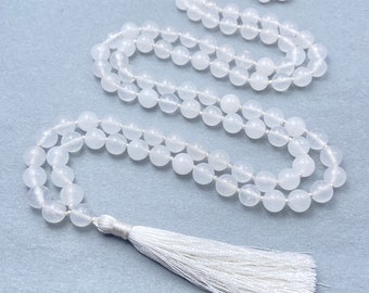 Collar de cuentas Mala de jade blanco-108 Collar anudado de oración Mala-Collar de equilibrio de protección energética-Collar de borlas de meditación curativa regalo