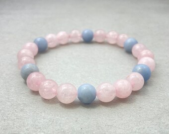 Angelit, Rosenquarz Armband | Natürliche Kristallperlen Armband 8 mm für Meditation Heilung Yoga Birthstone Freundschaft und Geschenk