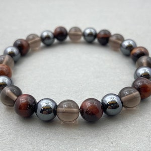 Smoky Quartz Bracelet, Hematite & Tiger's Eye Beaded Bracelet, Healing Crystals Jewelry, Grounding Energy Accessory