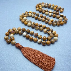 Picture Jasper Mala Beads Necklace - 108 Beads Meditation Prayer Jewelry, Natural Stone, Handmade Accessories & Gifts