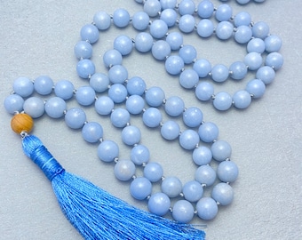 Angelite Mala Beads Necklace-108 Mala Prayer Knotted Necklace-Energy Protection Balance Necklace-Healing Meditation Tassel Necklace Gift