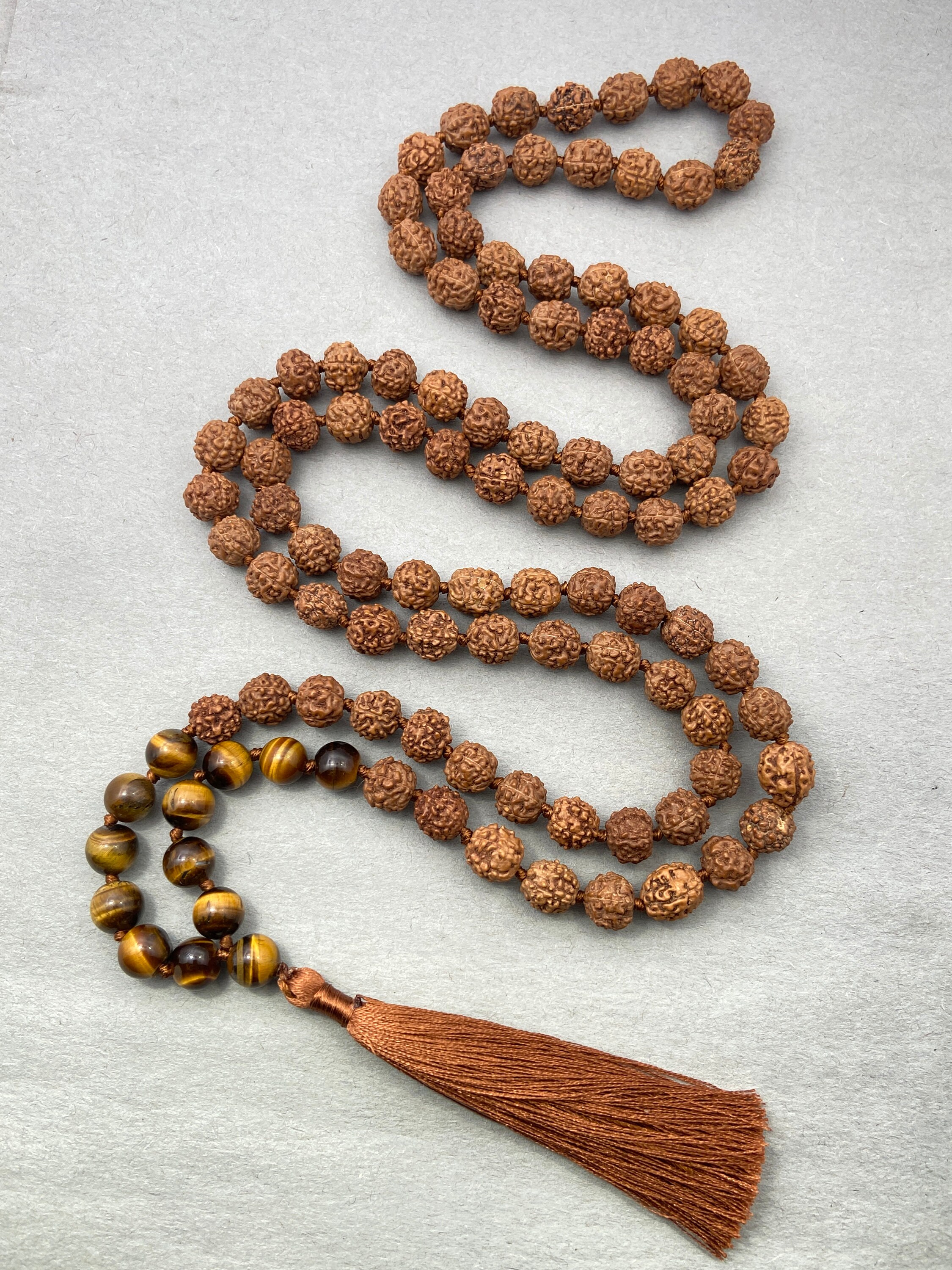 【美品・美虎杢】Roman Teller Mala 1998年　ドイツ製　4/4 Rudraksha Tiger's Eye Hand Knotted Mala, 108 Prayer Necklace
