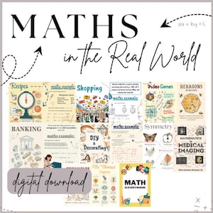 May include: A digital download graphic with the text "MATHS in the Real World." The image features examples of math applications in recipes, shopping, video games, and more. The words "digital download" are also present.