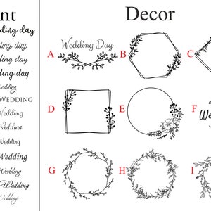 May include: A black and white chart displaying thirteen numbered font styles labeled Font and nine decorative graphic frames labeled A through I. The text includes the phrases Wedding Day and Our Wedding in various scripts and serif typefaces.