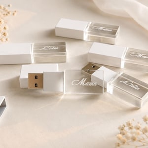 Può includere: Una collezione di chiavette USB rettangolari con corpo in acrilico trasparente e tappo bianco solido. Ogni unità è incisa con il nome Lidia o la parola Mama in corsivo. Il connettore USB in metallo è visibile sulle unità lasciate aperte.