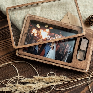 Boîte photo en bois 4x6(10x15cm) avec couvercle transparent pour tirages | boîte pour photos et usb