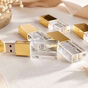 Chiavetta USB 3.0 in cristallo dorato da 8-128 GB, chiavetta USB 3.0 incisa per matrimonio, chiavetta USB 3.0 in vetro personalizzata, chiavetta USB 3.0 per matrimonio.