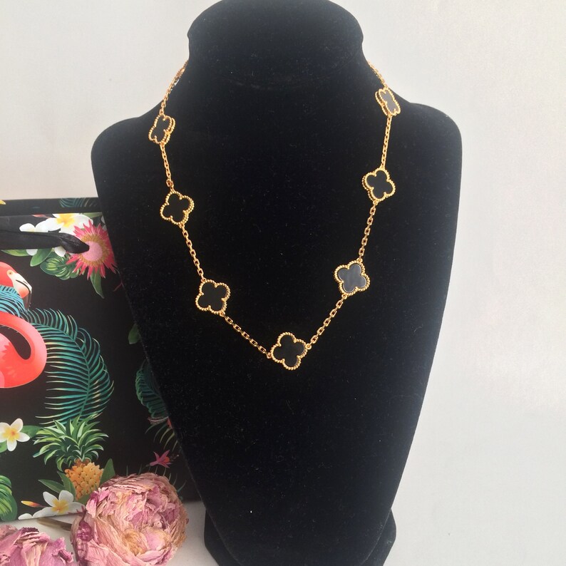 Black onyx 10 clover necklace 925 silver 18 K gold plated four leaf clover necklace 15 mm