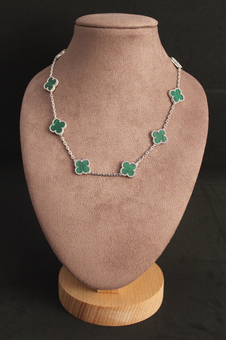 Malachite 10 clover necklace 925 silver 18 K gold plated four leaf clover necklace