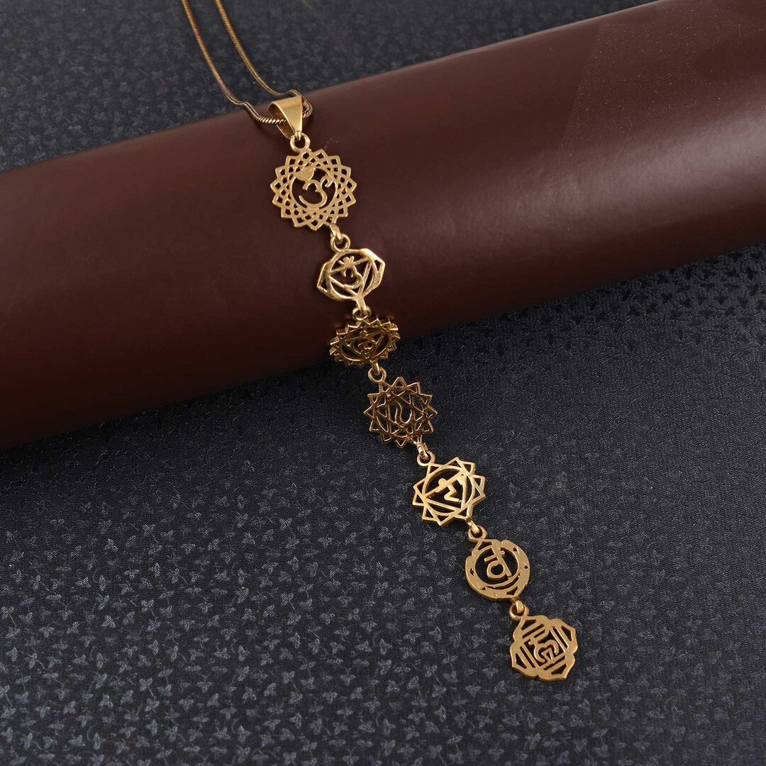 7 Chakras Necklace OM Brass Pendant and Gold 18K Plated Chain Indian