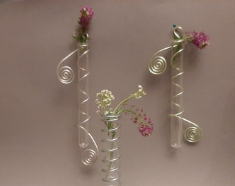 3 Vintage Wall Hanging Bud Vases Set;Glass Test Tubes-Vases in Metal Holders; Composition Glass Vases; Wall Hanging 2 Vases & 1 Table Vase