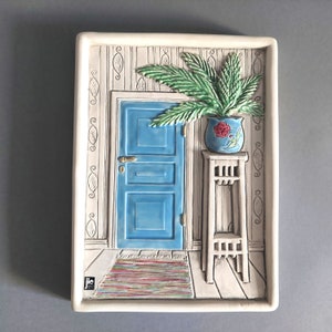 Jie Gantofta Ceramic Wall Plaque 782 Design by Aimo Nietosvuori; Swedish Vintage White Wall Tile Relief Blue/Green Pattern ''Room interior''