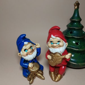 Vintage Santa Christmas Carol gnomes; Japan musician gnomes; Collectible Christmas elves Blue & red figurines; Elf Troll; Christmas Gift