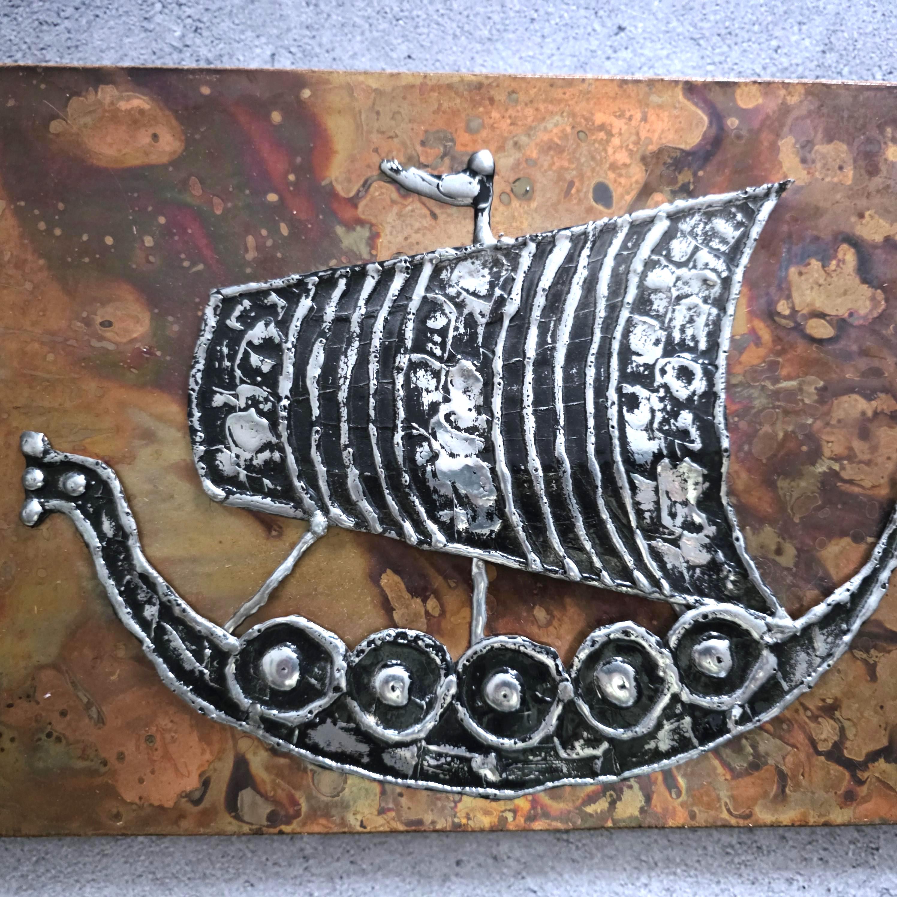 Sven Lindström Viking Ship Pewter Copper Plaque: Studio Viken