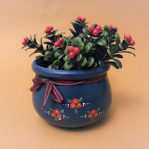 Olla de cerámica azul Britt-Maries: sueca, vintage, de gres, pintada a mano, con motivo de arándanos rojos, recipiente de cocina, maceta para bayas